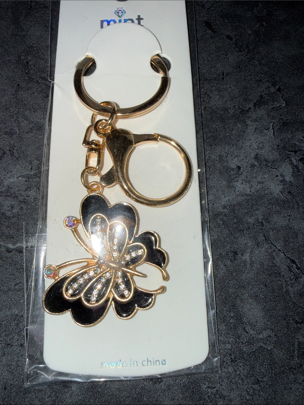Mint Gold Butterfly Key & Card Holder Charm with Black Enamel